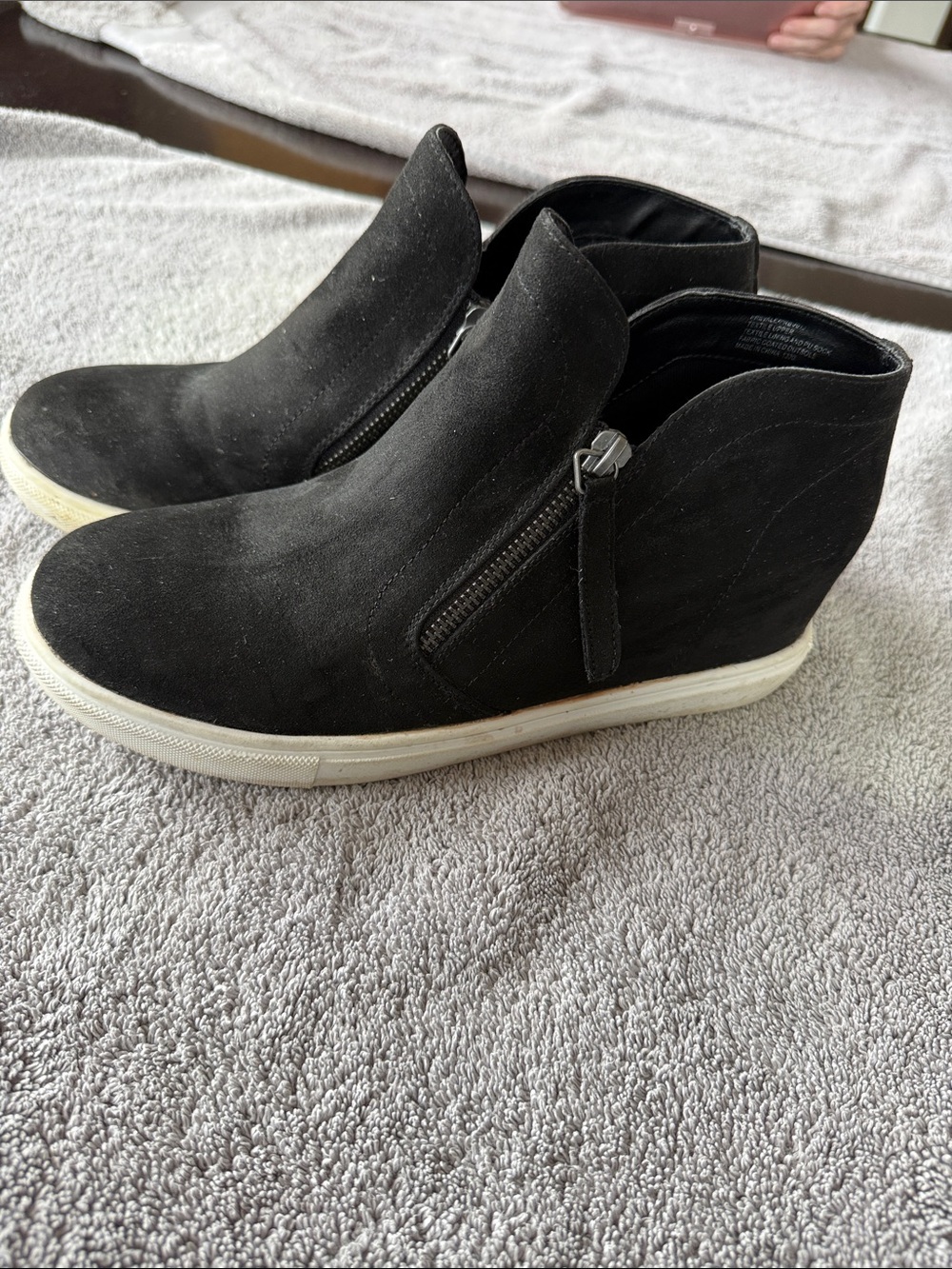 Black Suede Wedge Sneaker Booties with Side Zipper